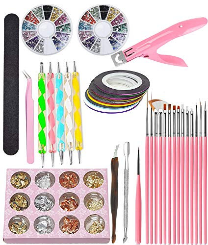 Kiara World 49pcs, Nail Pen Designer Stamp Art Tool Painting Brushes, Dotting Tool, Nail Foil, Striping Tape, Cuticle Pusher Trimmer, File, Colour Rhinestones, Tweezer, 3 Way Edge Cutter
