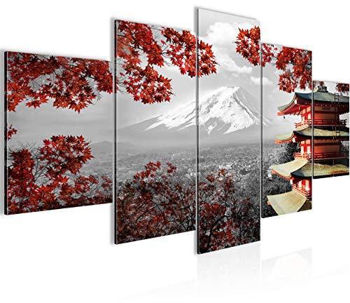 Runa Art - Tableau Japon 200 x 100 cm 5 parties XXL Decoration Murale Dessin Gris rouge 009151a