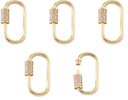 Fashewelry Goldene Schraubverschlusskarabiner, ovale Mikro-Pavé-Fassung, Cubic Zirkonia, 30 x 17 mm, für DIY-Halsketten, Armbänder, Schlüsselanhänger, Schmuckherstellung, 5 Stück