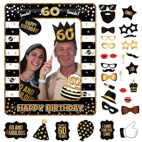 60th Foto Requisiten und aufblasbarer Rahmen,34 Stücke Fotobox Accessoires Fotokabine für 60.Geburtstagsfeier,Party Foto Booth Props Mix von Kappen,Weinglas,Lippen Stift,Krawatte,Kronen und mehr