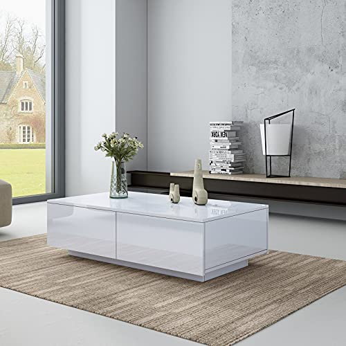 Senvoziii Couchtisch für Wohnzimmer, Moderner Beistelltisch aus Holz, Weiß Hochglanz Kaffee Tee Tisch mit 4 Schubladen zur Aufbewahrung für Home Office Möbel