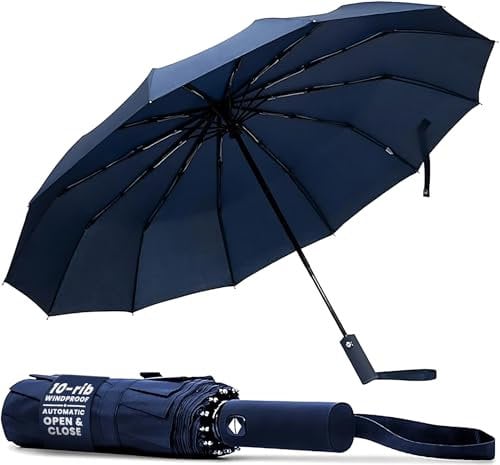 TANNESS Windproof Umbrella – 10-Rib Waterproof & Compact with Automatic Open/Close Function and Ergonomic Handle – Folding Mini - Strong for Wind and Rain (Blue)