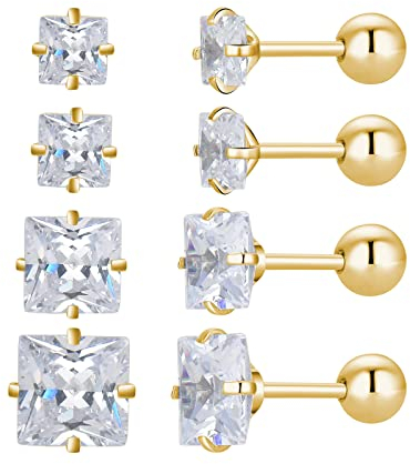 4 Pairs Screw Back Star Heart Square Round Stud Earrings Set, 18K Gold Plated Surgical Stainless Steel Cubic Zirconia Stud Earrings 3-6mm (Gold square CZ)