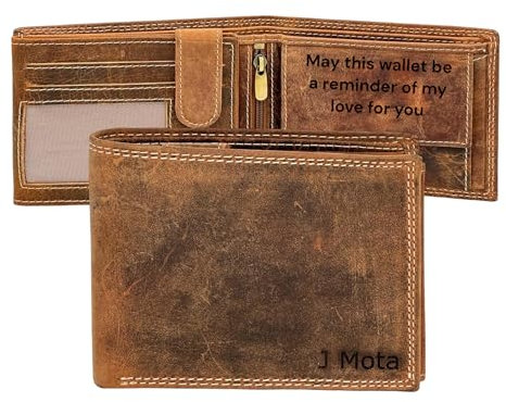 STARHIDE Personalised Custom Engraved RFID Blocking Wallet for Men - Genuine Distressed Leather Coin Pocket Wallet - Customised Gift for Dad, Boyfriend, or Husband (Brown, Text Engraved)