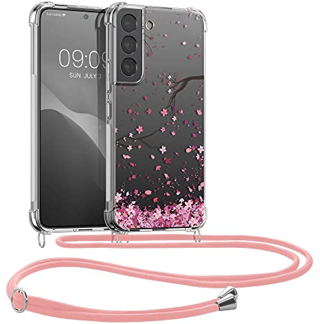 kwmobile Necklace Case kompatibel mit Samsung Galaxy S22 Hülle - Silikon Cover mit Handykette - Rosa Dunkelbraun Transparent Kirschblütenblätter