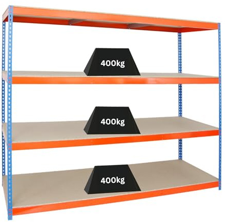 PROREGAL Schwerlastregal Wood Beast Four | HxBxT 200x240x90cm | 4 Ebenen | Fachlast 400kg | Blau-Orange | Weitspannregal Werkstattregal Lagerregal Kellerregal Gargenregal