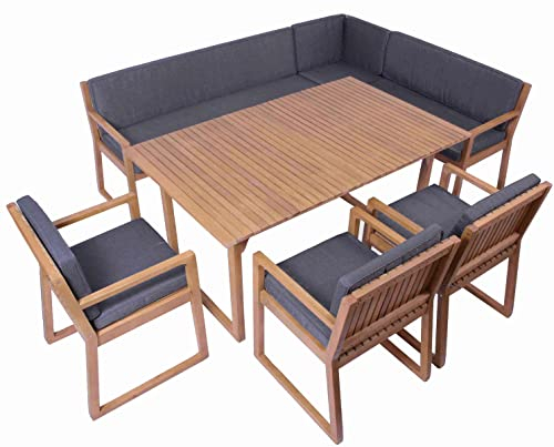 vanvilla Gartenmöbel Set Holz Sitzgruppe Gartenmöbelset Garnitur Terrasse Möbel Sitzgarnitur 1 Tisch 1 Eckbank 3 Sessel Auflage DUNKELGRAU