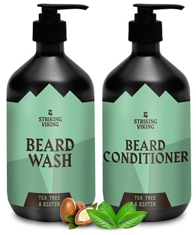 Striking Viking Beard Wash and Conditioner (Tea Tree & Biotin) - Paraben & Sulfate Free Cleansing Care for All Beard Types (10oz Per Bottle)