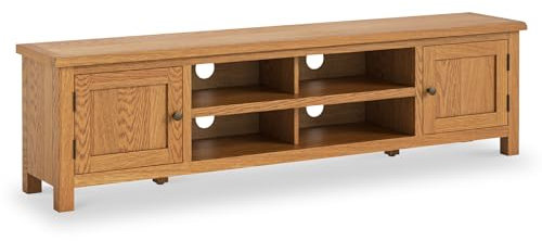 Surrey Oak 180cm Extra Wide TV Unit for Living Room | Roseland Furniture Large Lacquered Television Stand Cabinet Solid Wooden with 2 Door Storage for TVs up to 65 inches, Fully Assembled