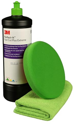 AllorA Schleifpasten Set | Polierpad grün gewaffelt/glatt (Ø160/80mm) + Mikrofasertuch grün (40x40cm) + 3M Perfect-It Fastcut Plus Extrem 51815 (1kg) | Politur Set (Ø160mm | Glatt | Grün)