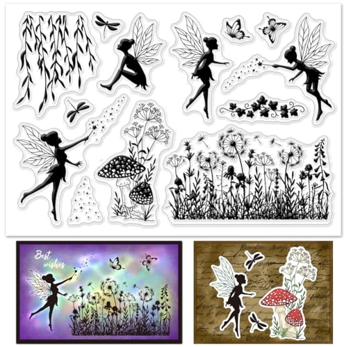 INFUNLY Transparente Stempel von Fee Blumenelfen Transparente Stempel Für Die Kartenherstellung Pflanzenengel Transparente Gummistempel Für Die Feiertagskartenherstellung DIY Scrapbooking Transparente