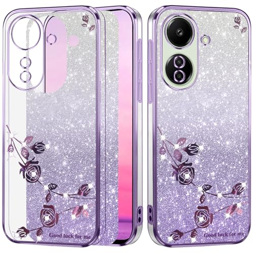 Yarxiawin Custodia per Xiaomi Redmi 13C Silicone Morbido Rosa, Effetto Glitter per Xiaomi Redmi 13C Cover Trasparente Sottile Fiore Antiurto Case Brillantini (Viola)