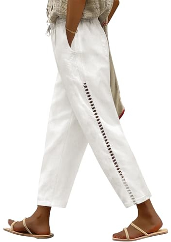 Voqeen Damen Leinenhosen mit hoher Taille Sommer Baggy 7/8 Leinen Baumwollhosen Gemütlich Gaze Lässige Leichtgewicht Hosen mit Taschen