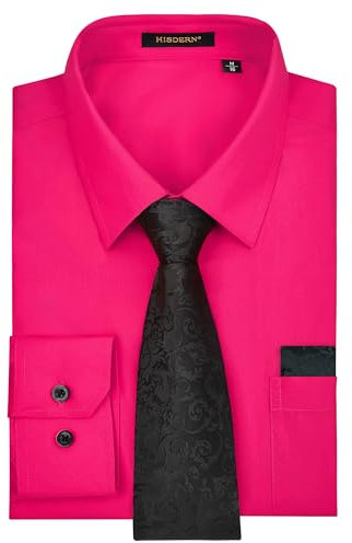 HISDERN Camicia Rosa Elegante per Uomo - Manica Lunga con Cravatta per Matrimonio e Occasioni Speciali - Tasche - Regolare Fit in XL