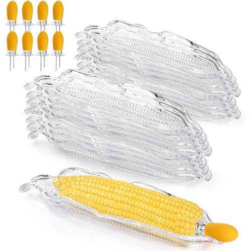 Eorbow 16 Pack Plastic Corn Trays with 4 Corn Cob Holders, Corn Dishes and Corn Holders Set Kits, Transparent Corn Dishes, Cob Dinnerware Sets, Barbecue Service Tray for Sweet Butter Corn