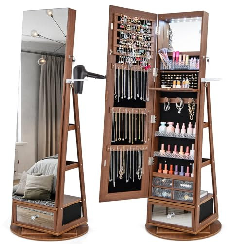 COSTWAY Armoire à Bijoux avec Miroir sur Pieds, Pivotant 360°, Miroir Psyché sans Cadre, Lumières LED, Verrouillable, Support pour Sèche-Cheveux, 3 Étagères à l’Arrière, Grand Tiroir (Brun)