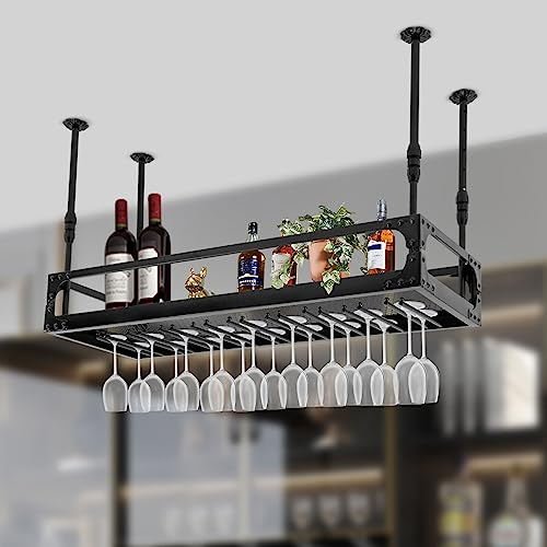 Begoniape Deckenregal Weinregal Weinflaschenhalter Hängender Retro Eisen Dekoration Regal Höhenverstellbare Hängeregal bis 50kg für Bar Café Küche Schwarz (100 * 35 * 35-55 cm)