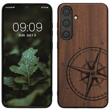 kwmobile Hülle kompatibel mit Samsung Galaxy S24 Plus Hülle - Holz Case - Handy Cover - TPU Handyhülle in Dunkelbraun Kompass Vintage
