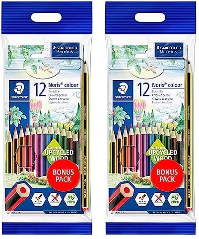 Staedtler Buntstifte Noris colour, rutschfeste Soft-Oberfläche, hohe Bruchfestigkeit, Made form Upcycled Wood, Set mit 12 brillanten Farben, Bonuspack mit Radierer und Bleistift, 61 SET6