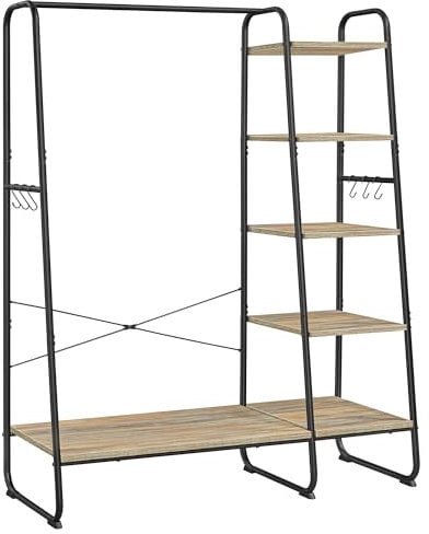 VASAGLE Kleiderständer, Garderobenständer, 45 x 120 x 160 cm Garderobe, Kleiderstange, Schuhablage, offener Kleiderschrank, 6 Haken abnehmbar, Schlafzimmer Flur, türkisbraun-Mattschwarz RGR116K01