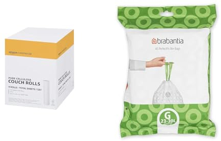AmazonCommercial Premium Cellulose Rectangular Couch Rolls, 20 - 2 PLY - 50 Metres per roll, 9-Pack & Brabantia Bin Liners, Size G, 23-30 L - 40 Bags,White,375668