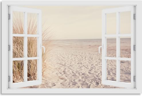 timalo Wandbild Outdoor wetterfeste Bilder für draußen | Gartenbilder Innen & Außen | Landschaftsbilder Acryl Glas Fensterblick Effekt | 100x50cm Meer Sand Strand Schilf
