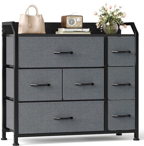 CAIYUN Kommode mit 7 Schubladen, Schrank, Aufbewahrungsschrank, Kommoden & Sideboards aus Stoff mit Griffen, Holz Top & Metallrahmen, Möbel für Schlafzimmer, Wohnzimmer, Closet, Flurschrank - Schwarz