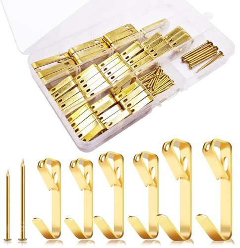 Kit di Appendere Quadri Pesanti da 120 Pezzi, 20lb/30lb/50lb Ganci Appendi Quadri Durevole, Universale Oro Ganci per Foto Robusti con Chiodi per Ufficio Home Immagini