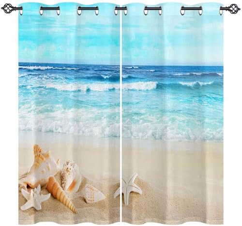 ANHOPE Tropisch Küste Ozean Strand Verdunklungsvorhänge mit Ösen Blickdichte Gardinen Thermo Vorhänge Blackout Curtain Weich Wohnzimmer Schlafzimmer Vorhang 2er Set H 175 x B 140 cm
