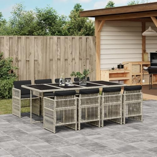 Faroom Polyrattan Sitzgruppe for 8 Personen - Gartenmöbel Set 8 Stühle mit Tisch mit Glasplatte & Kissen - Garten Sitzgruppe - Polyrattan Gartenmöbel Set für Garten & Terrasse Hellgrau AS 31