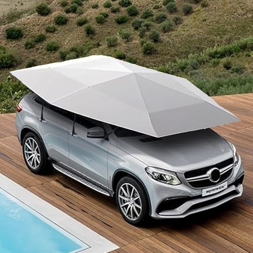 VNATWGOO 5,2 M 4,8 M 4,2 M Automatischer Carport, Zusammenklappbares, Bewegliches Vordach Mit Fernbedienung, Sonnenschirm FüRs Auto, Abnehmbares LadegeräT, Passend FüR Zuhause Und Das Auto,Silver5.2m