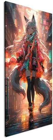 Leinwandbild Anime-Figur mit silbernen Haaren in einer Neon-Gasse bei Nacht. Panorama Format: 120x60 cm XXL Kunstdruck Bild auf Keilrahmen/Wandbild/Wohnzimmer Deko