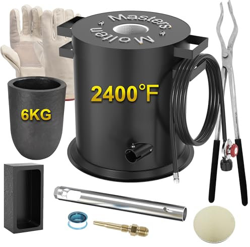 MMasters - Kit de horno de fusión de metal de propano de 6 kg con guantes, fundición de metal de alta eficiencia de 1,315.6 °C para fundición de oro, plata, cobre y aluminio, ideal para hacer joyas y