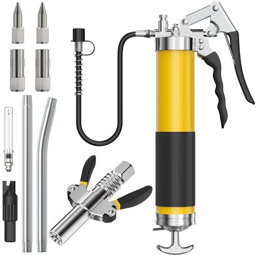 Fettpresse mit Nadelkupplung, 8000 PSI, robustes Pistolengriff-Fettpressen-Set mit 400 g Last, 45,7 cm Federflexschlauch, 2 funktionierende Kupplungen, 2 starre Verlängerungsrohre, scharfe Düse und