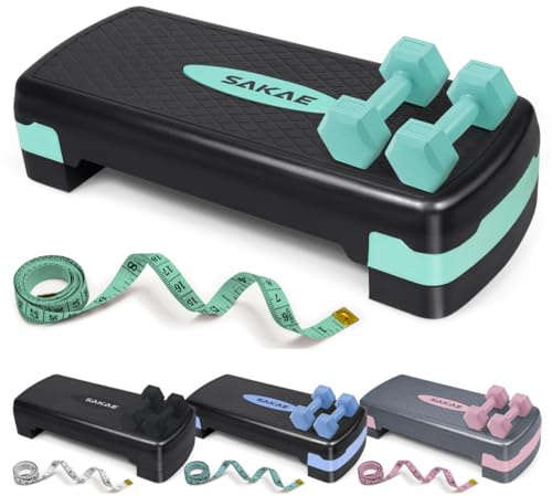 Aerobic Stepper Set with Dumbbells & Measuring Tape, Adjustable Height 2 Level Risers Workout Exercise Step Platform, Green Black, the Ultimate Gift for a Joyful Holiday and Merry Christmas