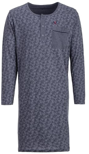 Henry Terre Nachthemd Herren Langarm Doodle-Design Brusttasche Knopfleiste Größe M-3XL, Farbe:grau, Größe:M