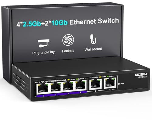 Commutateur Ethernet 10Gb Non géré avec 2 Ports RJ45 10G ➕ 4 Ports Base-T 2.5Gbe, Montage Mural ou sur Bureau. Commutateur réseau NICGIGA 6 Ports 10Gbps pour Point d'accès sans Fil, NAS, PC.