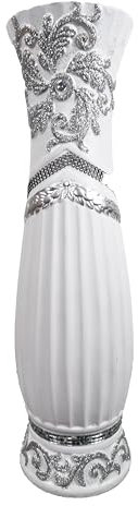 Dekorative Bodenvase aus Keramik, 60 cm, Weiß mit silbernem Glitzer und Strass-Details