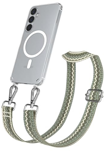 EAZY CASE Handykette - Verstellbares Taschenband kompatibel mit Galaxy S25 Plus, Schulterriemen, Handykordel mit Silikon Hülle, Qi Charging kompatibel, Umhängetasche, Wellen - Grün Beige Metall Silber