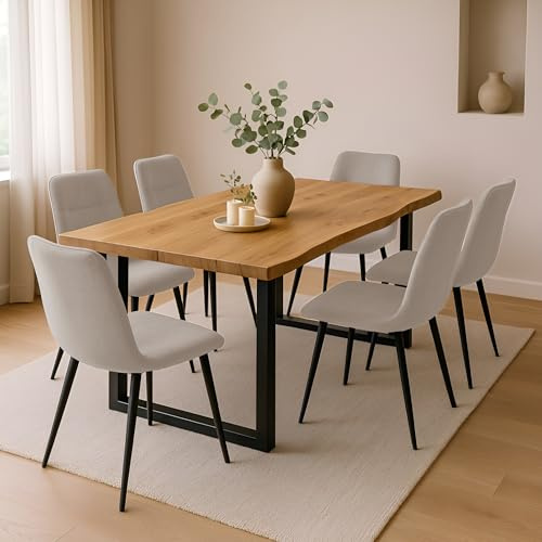 SAM 7 TLG. Essgruppe Josy | 140 x 80 cm | Holz Wildeiche-Optik | Stuhl Set Susi Creme | U-Gestell Schwarz | Esstisch mit 6 Stühlen | Esszimmertisch/Küchentisch/Holztisch | Esszimmer