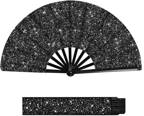 HINGTAI Glitter Plastic Bone Black Fan with Strap, Large Fans for Line Dancing, Scientific Size for Both Men and Women, Suitable for Music Festivals Dance Parties Clubs and Any Other Lively Places