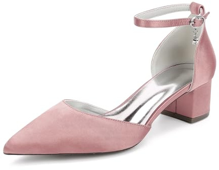 TNMIUH Scarpe da Sposa comode con Tacco Basso e Blocco da Donna Chiuse con Punta affilata Cinturino alla Caviglia décolleté in Raso Scarpe Eleganti con Tacco Basso,Rosa,38 EU