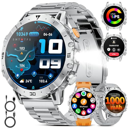 Reloj inteligente para hombre con batería grande de 1000 mAh, pantalla HD de 1,7 pulgadas, función de teléfono, linterna LED, resistente al agua, rastreador de fitness militar, monitor de frecuencia