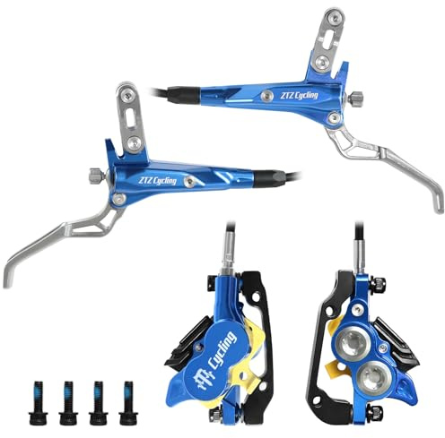 MTB Hydraulic Disc Brake Set 4 Pistons Front 850mm and Rear 1580mm Hydraulic Brakes with Aluminum Alloy Lever with Caliper Ceramic Brake Pad Fit Mountain Bike, Ebike, Fat Bike(Pre-Bled) (Blue)