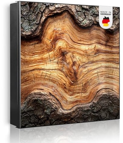 banjado Großer Schlüsselkasten Metall - Schlüsselbox 30x30cm beschreibbarer mit 32 Haken - Schlüsselkasten modern für Schlüsselaufbewahrung - Korpus Schwarz Scharnier Links - Motiv Holz Gemasert mit R