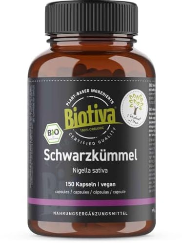 Cumin Noir Bio 150 capsules - 600 mg par capsule - 100% végan - Issu de l'agriculture biologique - Fabriqué et contrôlé en Allemagne - Biotiva