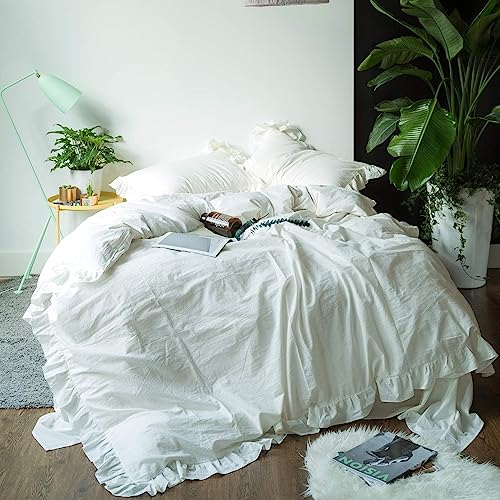 Lanqinglv Bettwäsche 220x240cm Weiß Weiss mit Rüschen,aus 100% Weiche Microfaser Doppelbett - Unifarben Bettbezug 220x240cm + 2 Kissenbezug 80x80cm,mit Reißverschluss