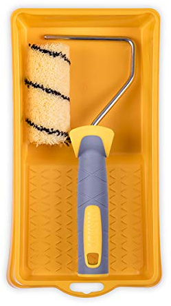 HARDY WORKING TOOLS Maler Set, Farbrolle, Farbwanne und Farbwalzen aus Polyester, Florhöhe 9mm, Länge 10cm, Durchmesse 30mm, gelb-schwarz-grau, A0180-526000