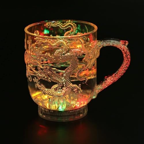 Flash Light Up Cups Glasses, Dragon Pattern Color Changing Coffee Mug LED Automatic Luminous Cup Glowing Wine Glasses with Handle for Bar, Night Club, Party
