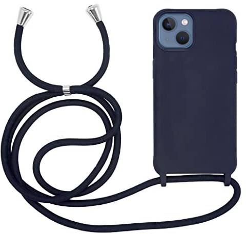 MyGadget Coque Cordon pour iPhone 13 - Cover Bumper Silicone Mat Uni avec Collier - Case Tour de Cou - Protection Anti Choc - Skin & Lanière Bleu Foncé